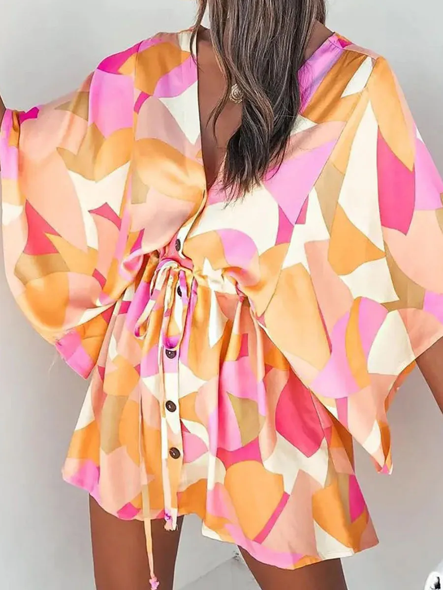

Fashion Batwing Sleeve Print Lace Up Mini Dress for Women Sexy V-Neck Casual Loose Boho Holiday Short Dresses Woman 2022 Summer