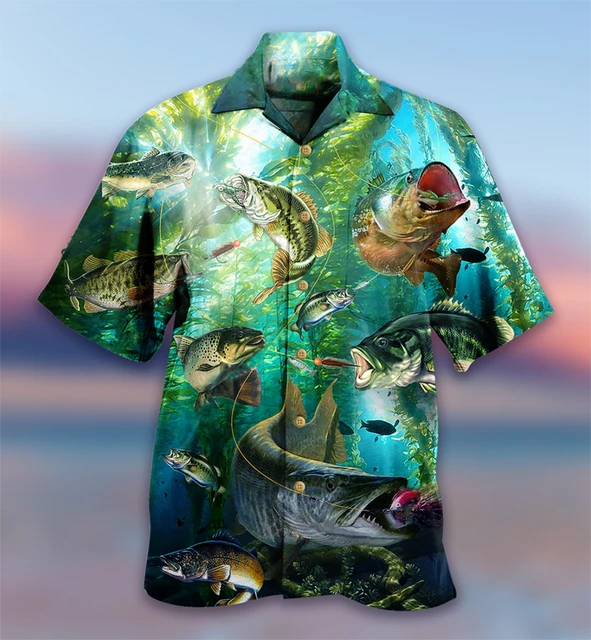 New Men's Hawaiian Shirt Fishing Print Fish Hawaiian Green Design Clothing  Beach Style Summer Streetwear Button Up Shirts