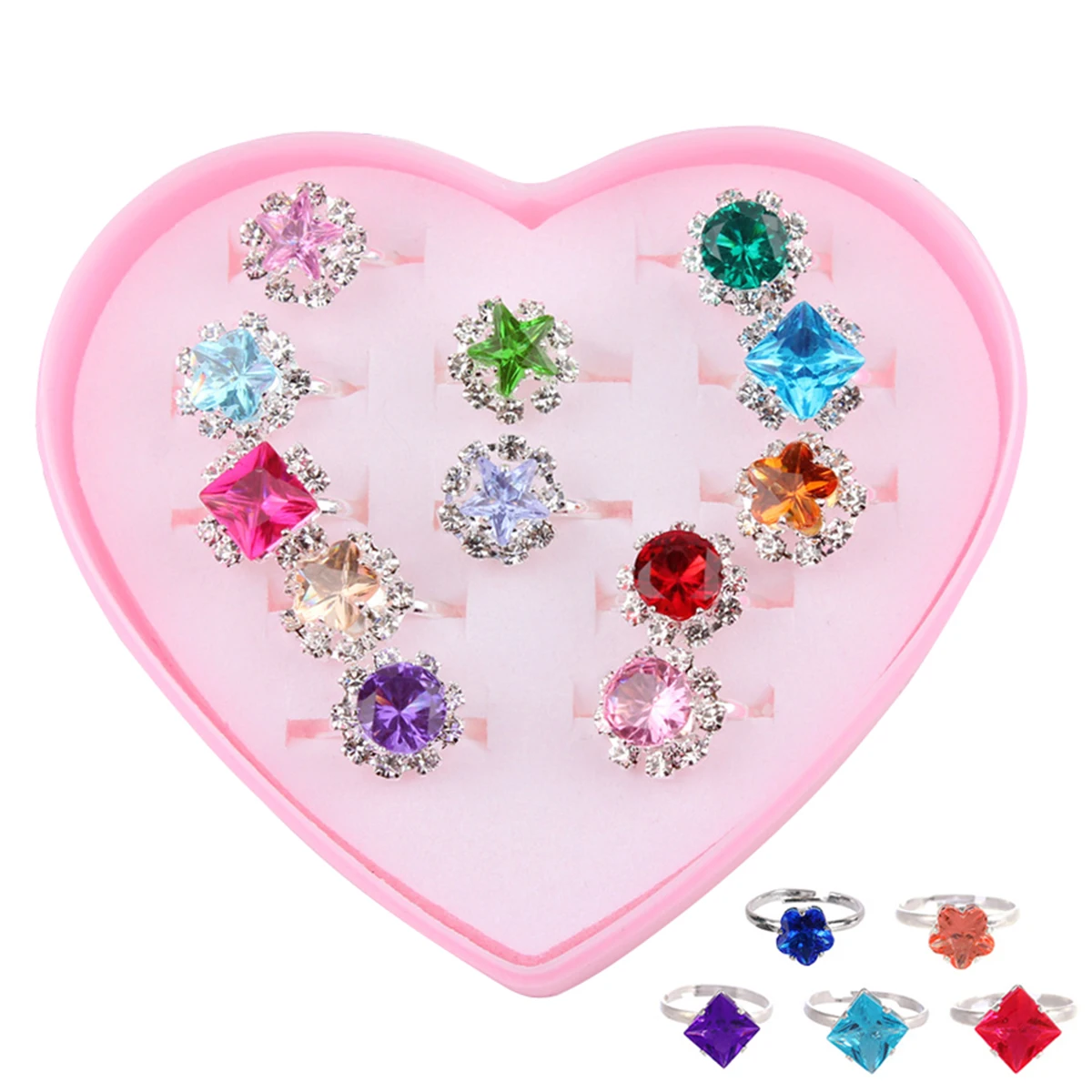 12pcs/Box Children Crystal Ring Toys Girl Dress up Jewelry Toys Style Random Ship Boxed Cartoon Decorative Ring Gift for Kids