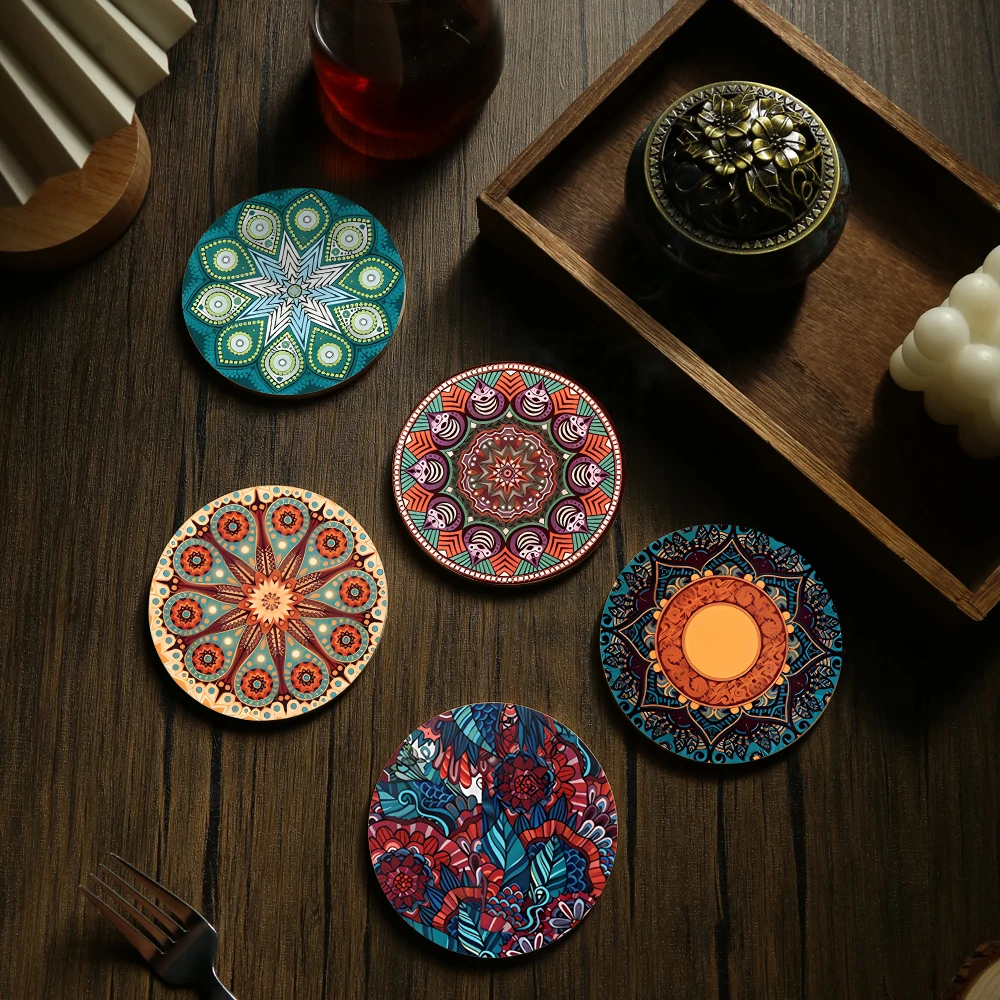 

Retro Flower lines Printed Bamboo Coasters Kitchen Decoration Home Dinning Placemat Heat-insulated Tea Cup Pads