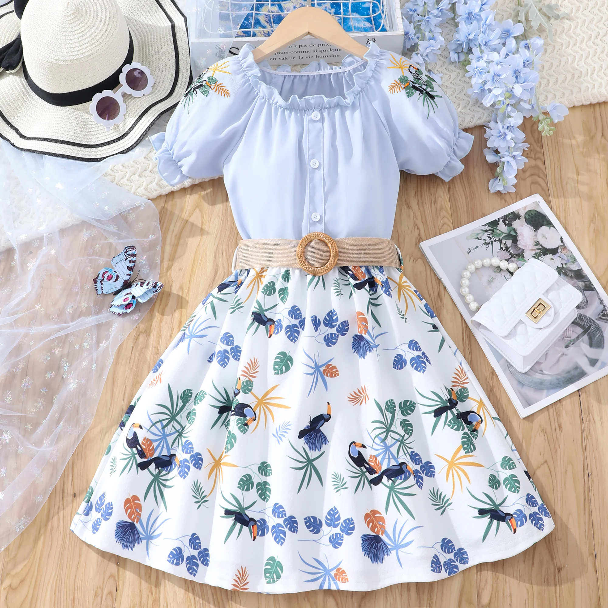 Dress-Girl-Top-Skirt-Set-Fashion-Floral-Summer-Big-Kids-Princess