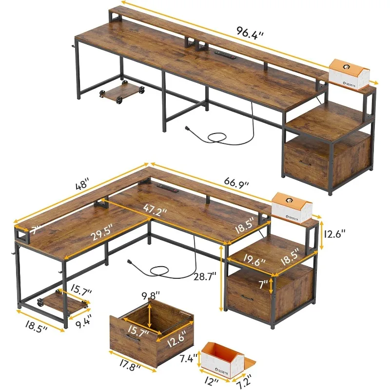 Exploded view diagram of a gaming desk with dimensions, featuring LED lighting.