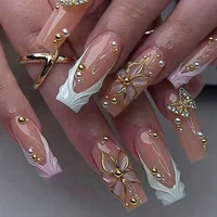 Faux ongles carrés moyens avec colle, 24 pièces, fleurs roses Blush, couverture complète, acrylique français, à pression, pour filles 5