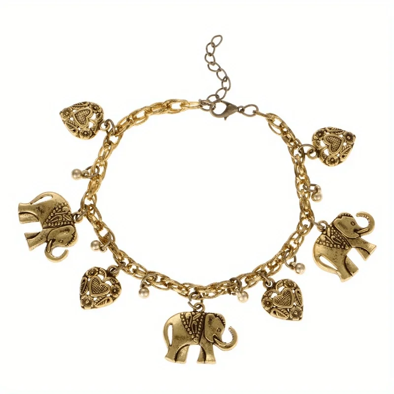 Elephant Charm Bracelet Boho Vintage Carved Elephant Charm Bracelet-Romantic Heart Detail, Versatile Accessory for Every Occasion