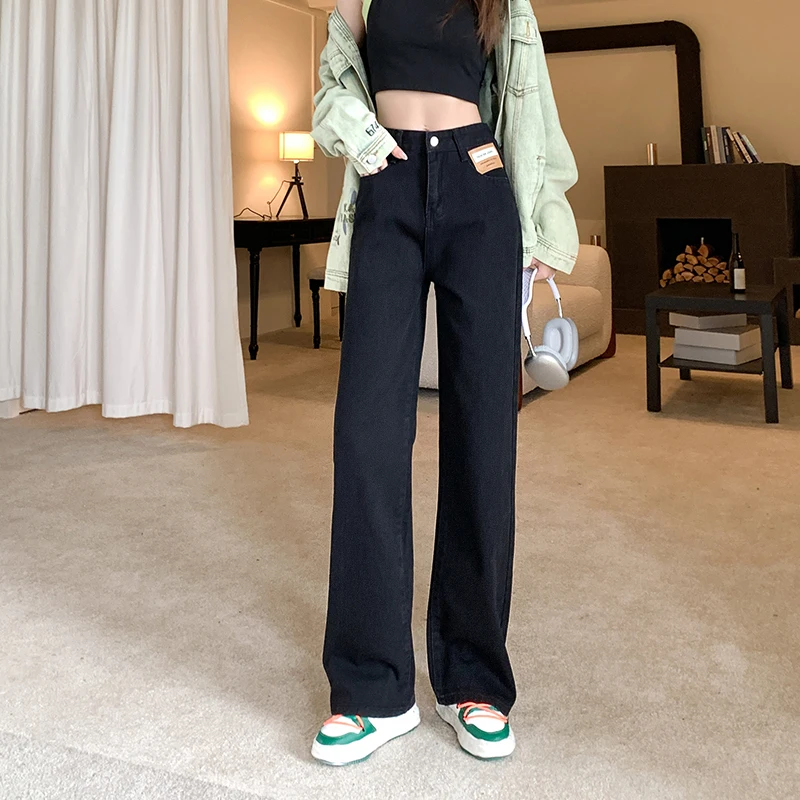 

Women Black High Waisted Jeans Autumn New Korean Fashion High Street Wide Leg Trousers Female Casual Loose Straight Denim Pants