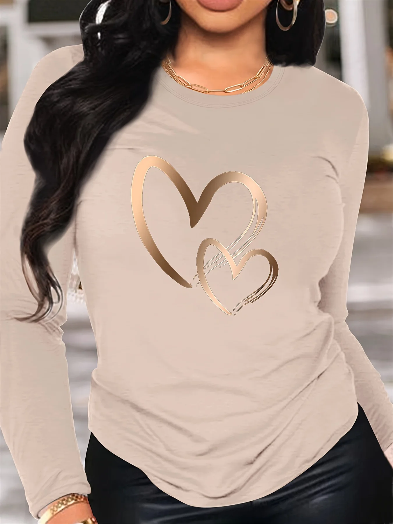 Spring and Autumn Women's 100% Cotton Fashion Casual Loose Heart Pattern Printed Long Sleeve Round Neck T-shirt 6