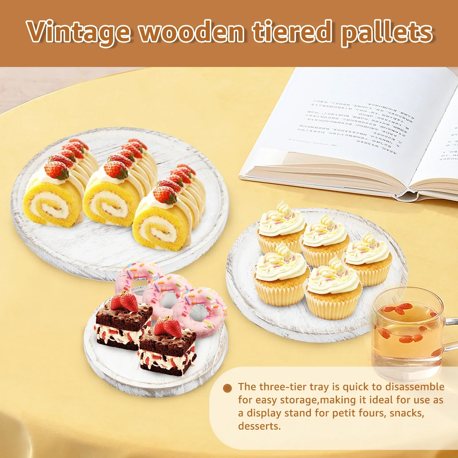 3 Layer Wood Cake Display Cupcake Tray for Stand Snack Dessert Wedding Party Table Birthday Round Tiered Dessert Serving Tray 4