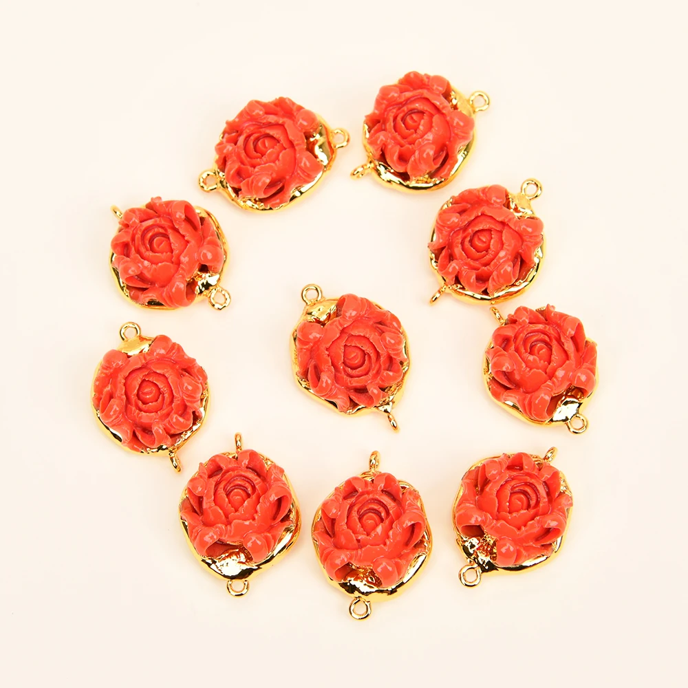 APDGG 5 Pcs Orange Red Resin Coral Flower Gold Plated Connector Double Ring Jewelry Finding
