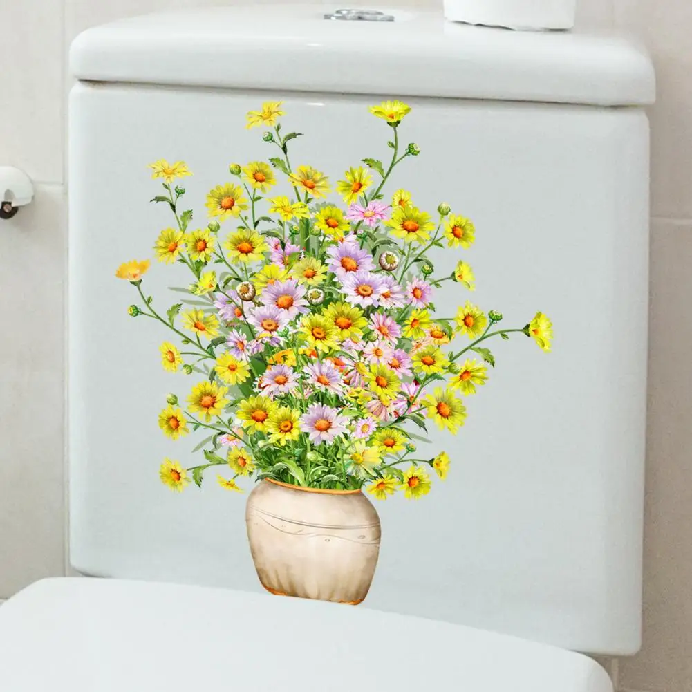 

Durable Pvc Sticker Yellow Flower Vase Toilet Sticker Waterproof Pvc Wall Art Decal for Bathroom Room Decoration Waterproof