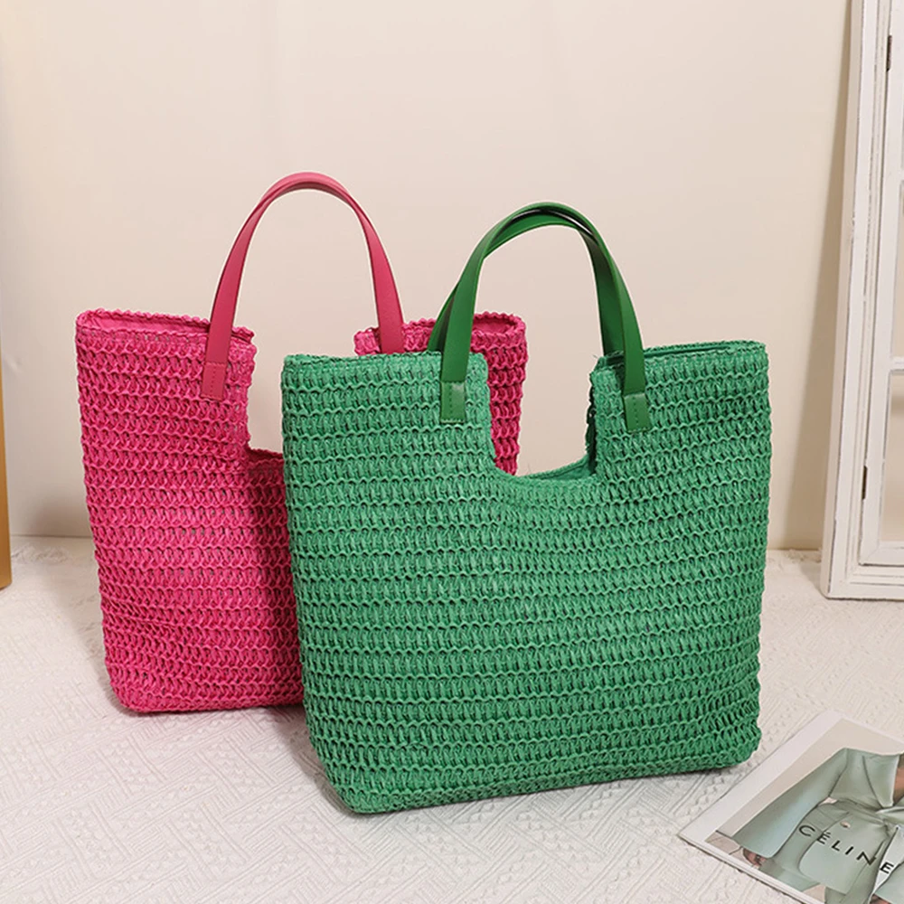 

Fashion Large Rattan Shoulder Bag Summer Woven Straw Bag Candy Color Beach Handbag and Purses Travel Hollow Shopper Tote 2023