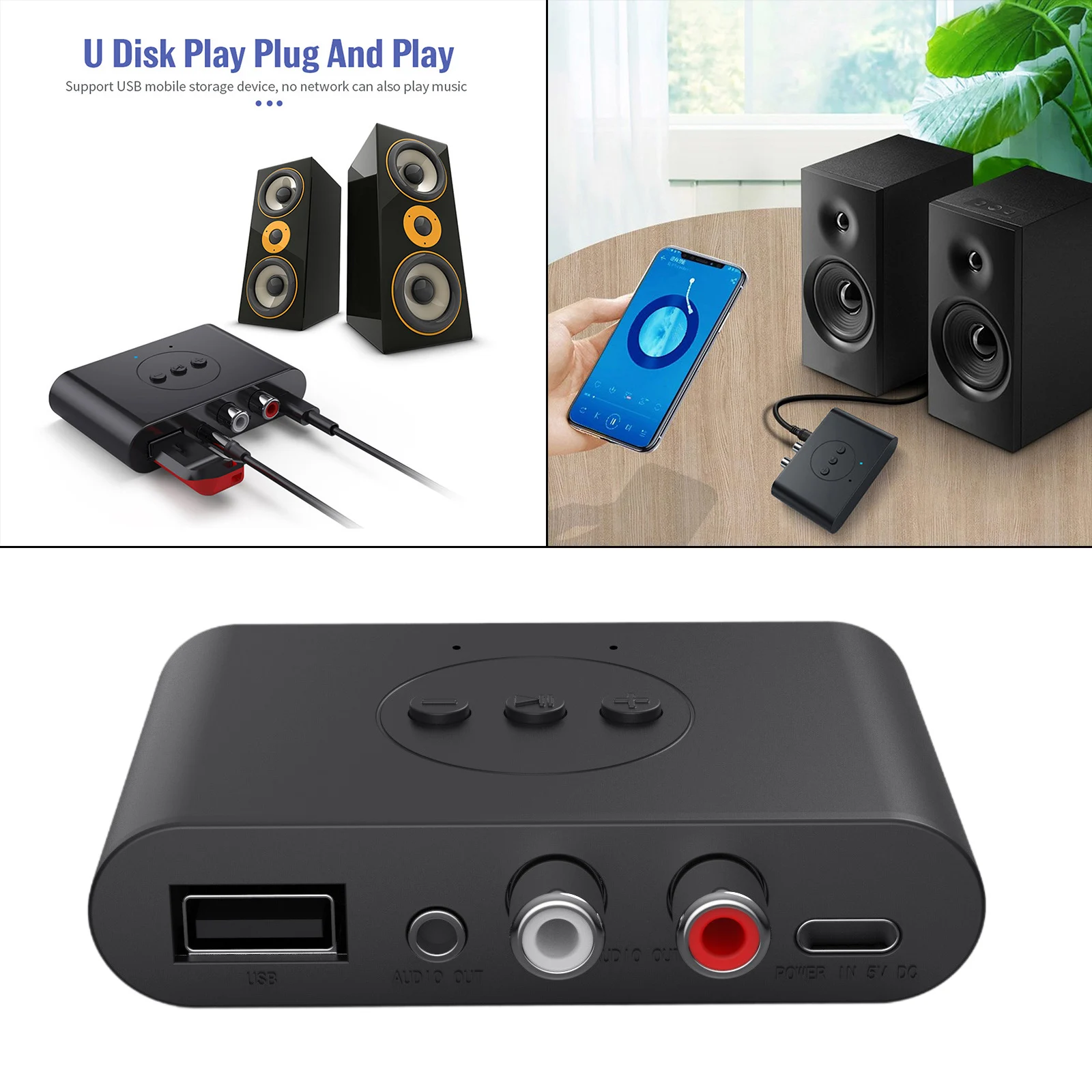 

JM Bluetooth 5.0 Audio Receiver U Disk RCA 3.5mm AUX Port Stereo Music Wireless Adapter with Mic for Car Kit Speaker Amplifier