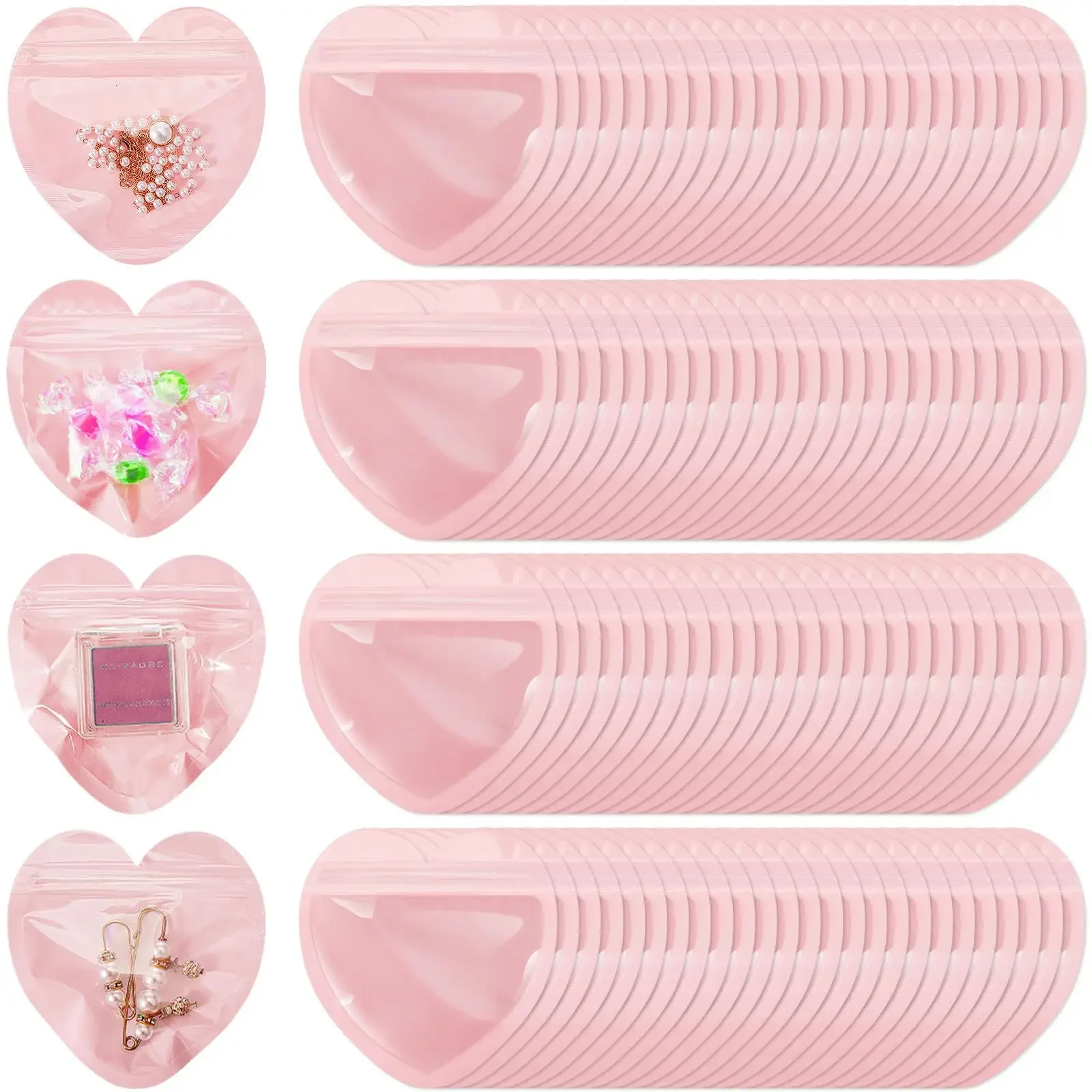 50-200pcs Pink Heart Shaped Packaging Bags Gift Bag Transparent Jewelry Resealable Bag For Valentine's Day Wedding Birthday Gift