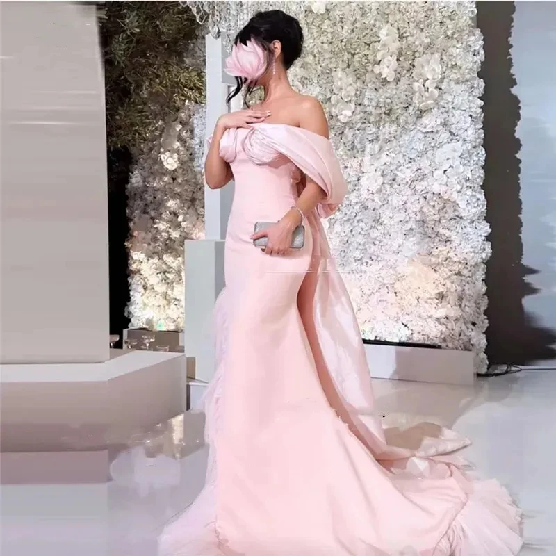 

Elegant Pink Evening Dresses For Women One Shoulder Mermaid Prom Dress Pleated Floor Length Dubai Arab Formal Occasion Wedding