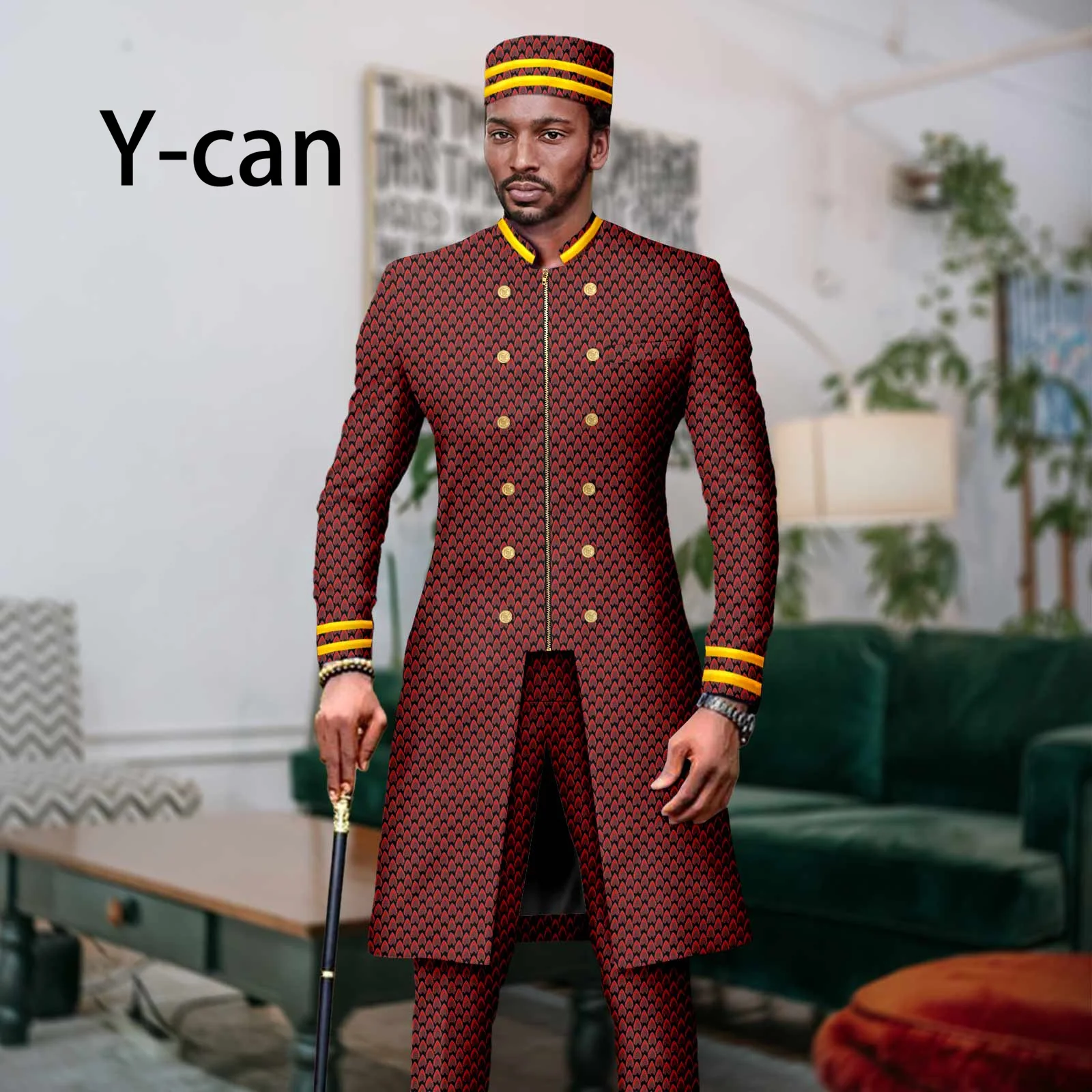 Dashiki Men Suits for Traditional Wedding African Clothes 3 PCS Set Embroidery Jacket and Trousers Match Muslim Caps A2316063