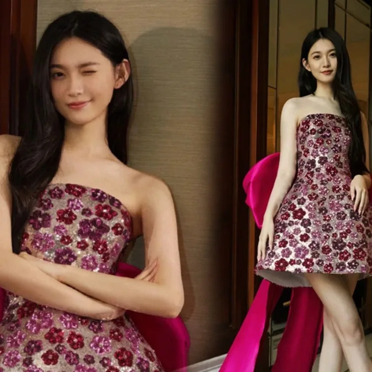 

Harajpee Minimalist Fashionable Strapless Dresses Glitter Flower Bride Cocktail Dress Birthday Banquet Tail Walk Host Vestido