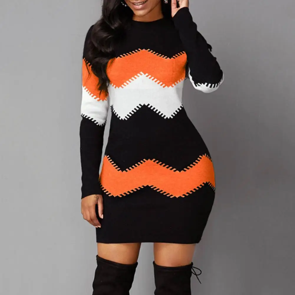 

2023 Autumn Women Fashion Print Slim Knitted Dress Female Long-sleeve O-neck Elegant Bodycon Package Hips Mini Dresses 5XL