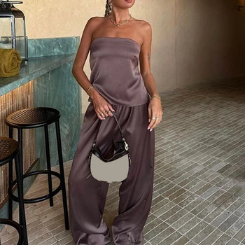 Women Satin Tube Top Pants Set 2 Piece Backless Lace Up Crop Tops Wide Leg Pants Y2k Coquette Clubwear Party Matching Outfits 1