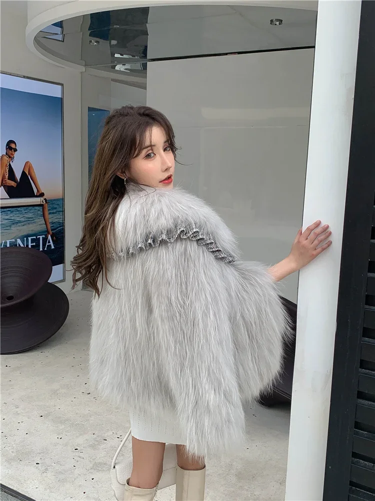 Girly Raccoon Dog Fur Woven Coat Lolita Style Thick Warm Fur Jackets Long Sleeve Lapel Short Outerwear Winter Women's Clothing