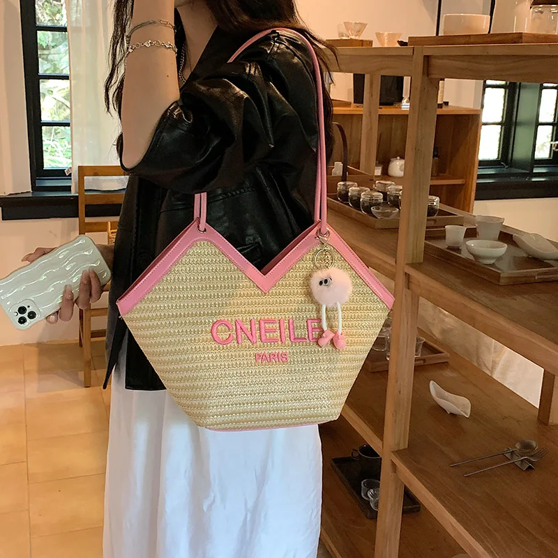 

Large Capacity Canvas Totes for Women Zip Woven Straw Bucket Bags Fashion Casual Shoulder Bag Luxury Handbags Hobo Messenger Bag