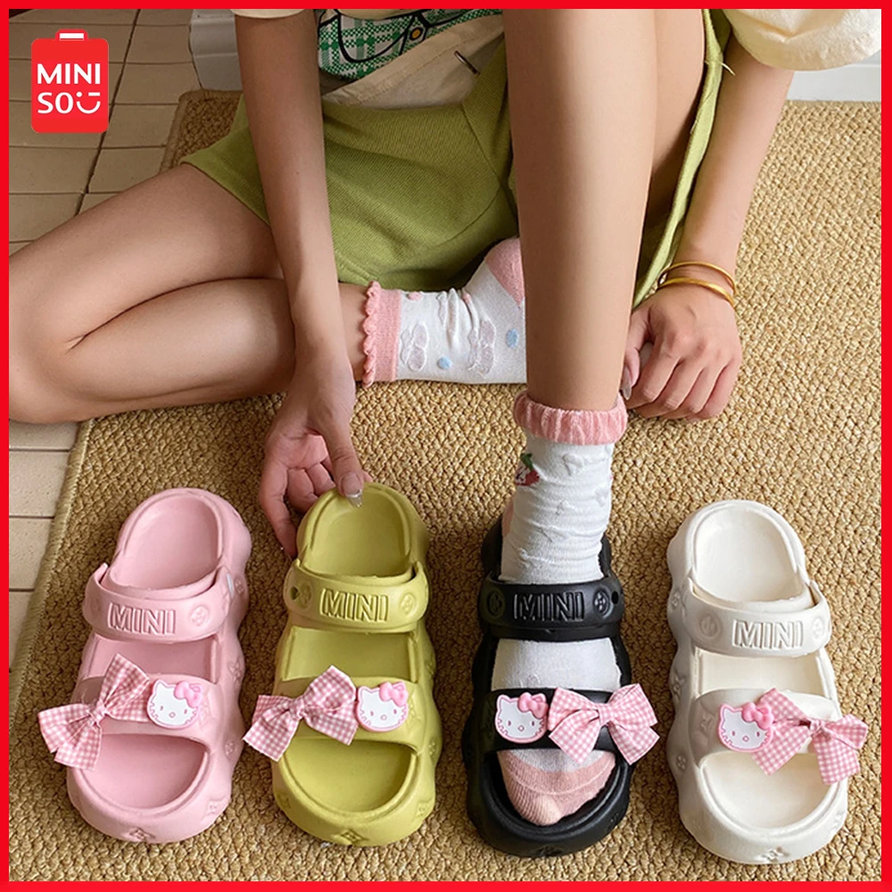 

Miniso Dopamine Hellokitty Bottom Double Strap Sandals Cute Soft Home Shoes New Sanrio Hundred Sandals Beach Slippers Girls Gift