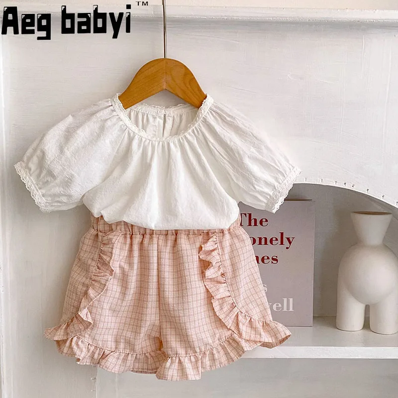 

Summer Baby Girl Clothing Set Lantern Short Sleeve Tops+ Plaid Shorts 2Pcs Infant Girl Clothes Suit Cotton Toddler Clothes