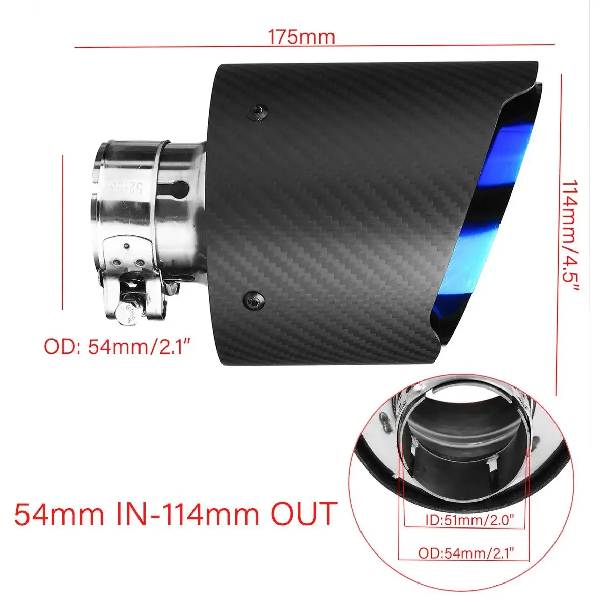 

Универсальная автомобильная выхлопная труба 54 мм-114 мм, матовый углеродный глушитель, трубка с синим хвостом, выхлопная система из нержавеющей стали