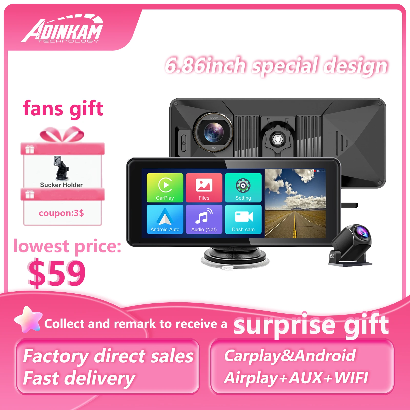 

Unique 6.86 inch Dash Mount ADINKAM Portable Car Stereo with Apple Carplay/Android Auto/Mirror Link , Touchscreen Car Multimedia