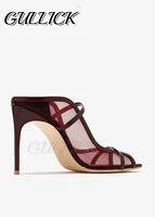 Sandales mules rouge bordeaux, bout ouvert, talons hauts, chaussures à Double lanières, chaussures à enfiler, pantoufles extérieures à enfiler, été et automne 5