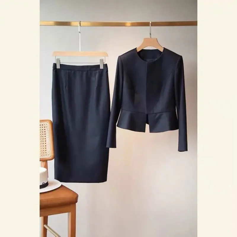 

UNXX Spring Autumn Ladies Solid Skirt Suits 2024 Vintage Long Sleeve O-neck Tops + Straight Mid-Calf Skirts Chic Outfit Women