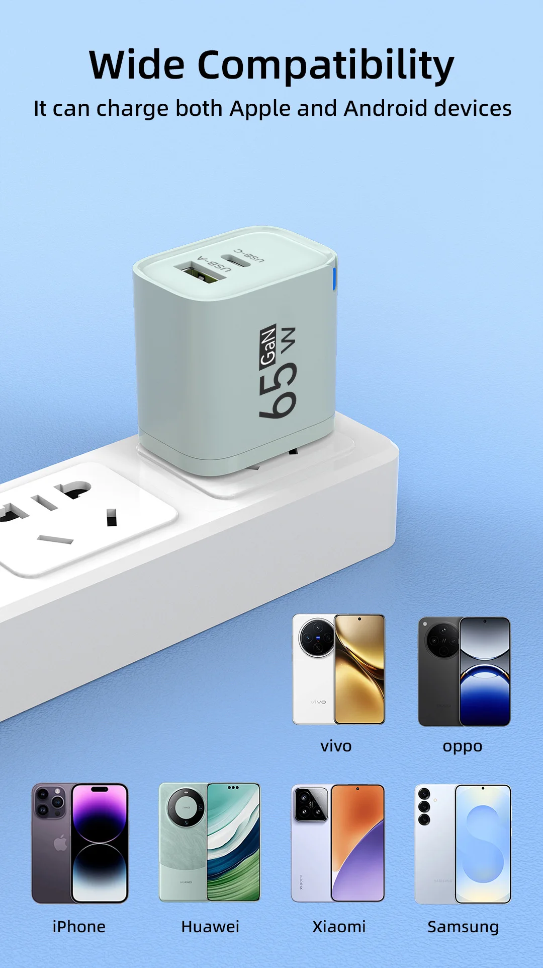 65W GaN USB-C Ladegerät mit 3 Anschlüssen, Schnellladung für Mobiltelefone, QC3.0 Wandadapter für iPhone 16 17 Samsung Xiaomi Huawei, EU US UK Stecker – Detail 8