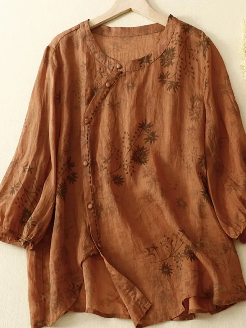 

Ethnic Style Art Retro Half Sleeve Shirt Women's 2023 Summer Loose Print O-neck Pullover Top Single Breasted Straight Blouses