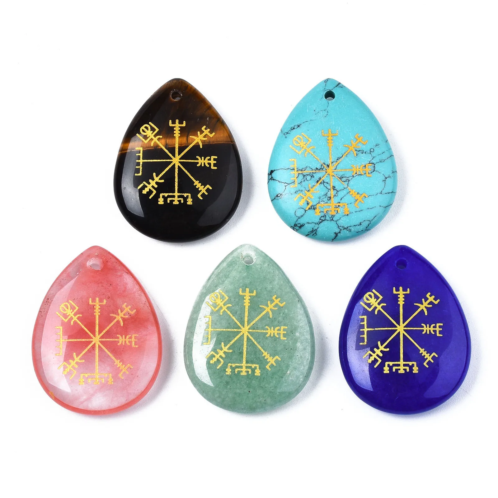 6pcs Natural Stone Pendant Green Aventurines Goldstone Quartzs Crystal Water Drop Shape Charms Jewelry Making DIY Necklace