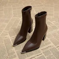 Brand Pu Black Ankle Boots 2025 Autumn French Retro Pointed Toe High Heel Chelsea Boots Metal Decoration Designer Short Booties - Image 2