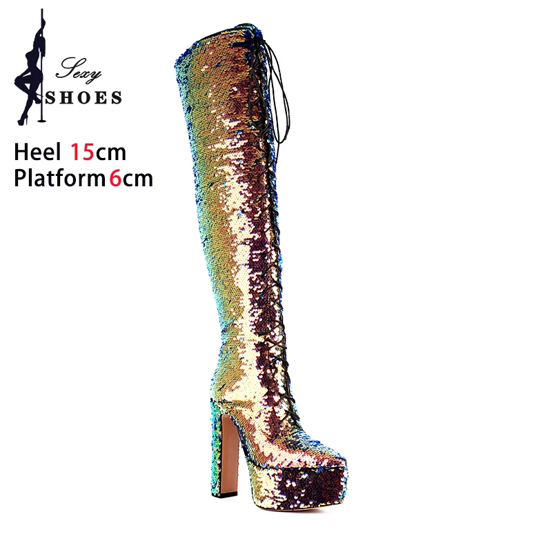 Brand Over the knee Boots Lady Large Size Pointed Toe Shoes Stage Show Chunky Heels Bling Bling Silver Luxury Womens Long Boots