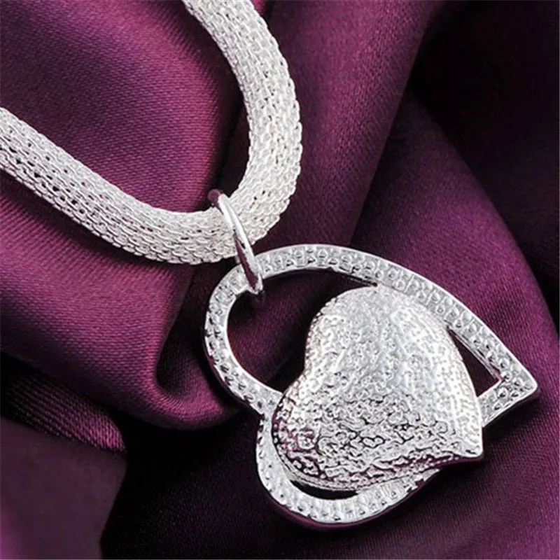 

925 Sterling Silver 18 Inch Double Heart Pendant AAA Zircon Necklace For Women Fashion Wedding Charm Jewelry