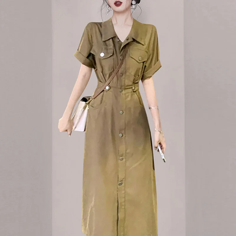 

2024 New Women's Elegant Solid Color Turn-down Collar Button Pockets Fashion Vintage Commuter Slim Short Sleeve Shirt Dresses