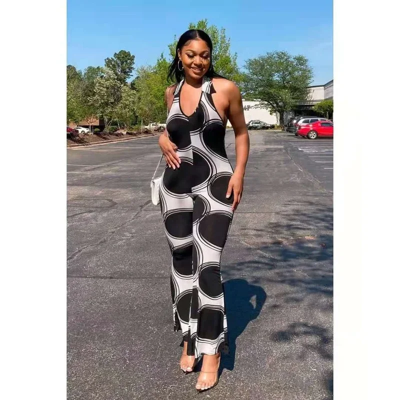 Print Club Outfits for Women Clubwear 2023 Sexy V-neck Halter Strap Sleeveless Slim Print Black Slim Temperament Casual Jumpsuit