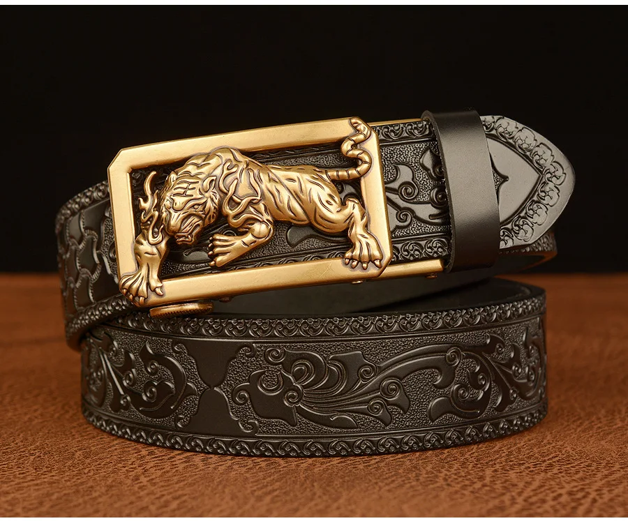 Männer Echt ledergürtel Luxus Gold Tiger Metall automatische Schnalle Rindsleder Gürtel für Männer Jeans Bund männlicher Riemen – Detail 11
