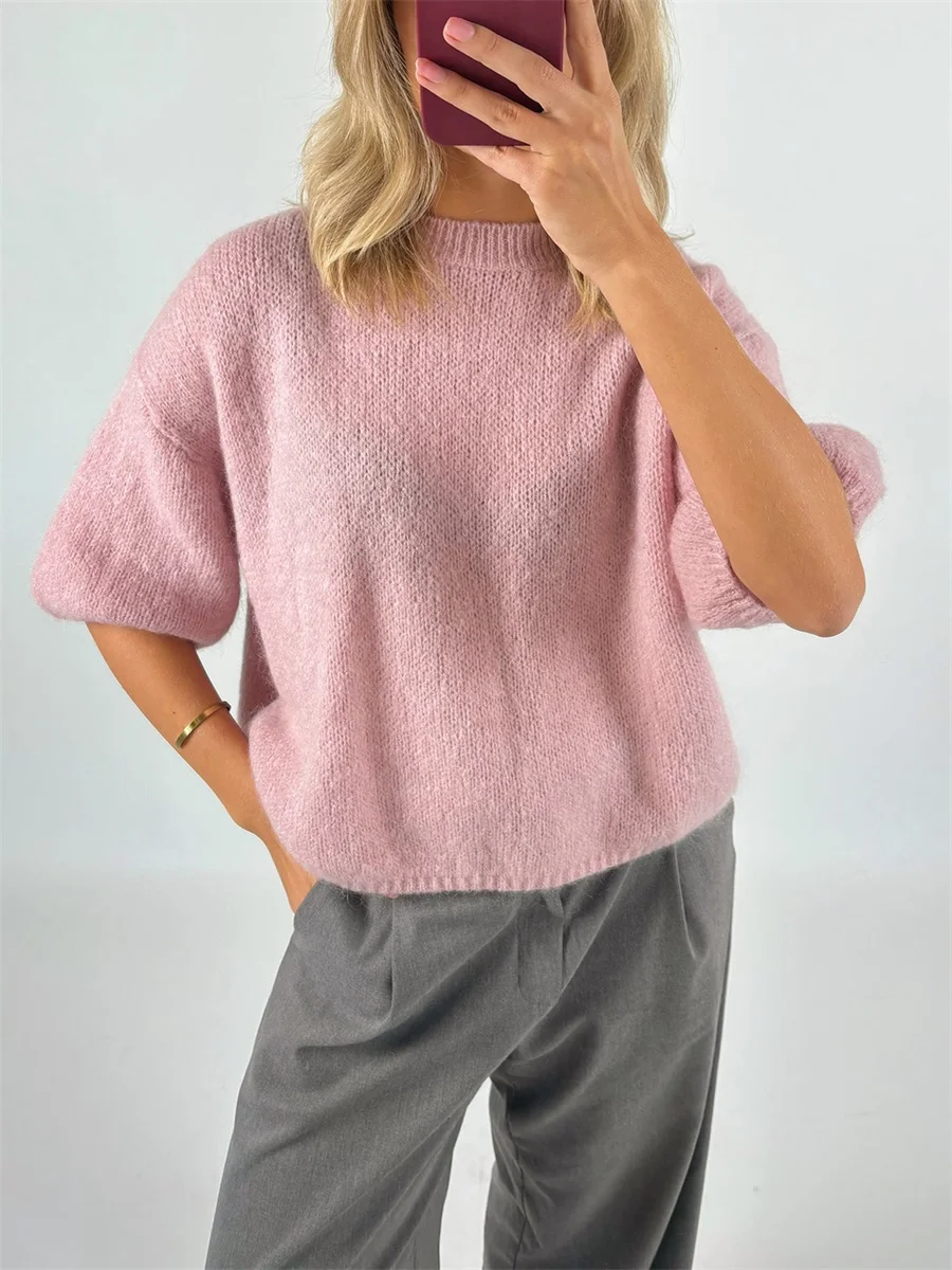 Neue Mode Frauen Frühling Herbst Stricken Pullover Halbe Hülse O Hals Einfarbig Lässige Strickwaren Heißer Verkauf S-XL – Detail 25