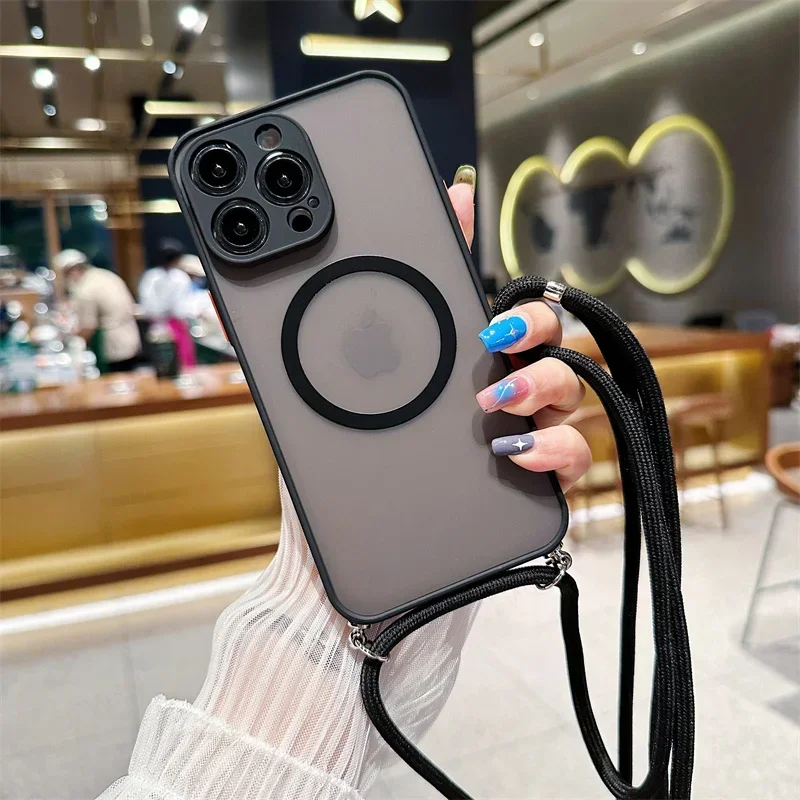 Crossbody Lanyard Matte Hard Magnetic Phone Case with Magsafe Back Cover