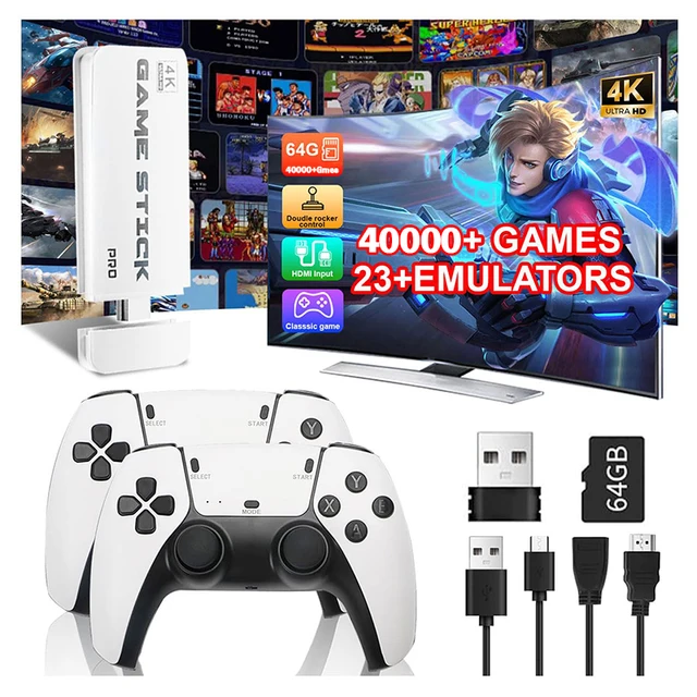 M15 4K TV Game Stick, 64GB Built-in 40000+ Retro Games Console with Wireless Gamepads, Supports 20+ Simulators for HD TV Gaming