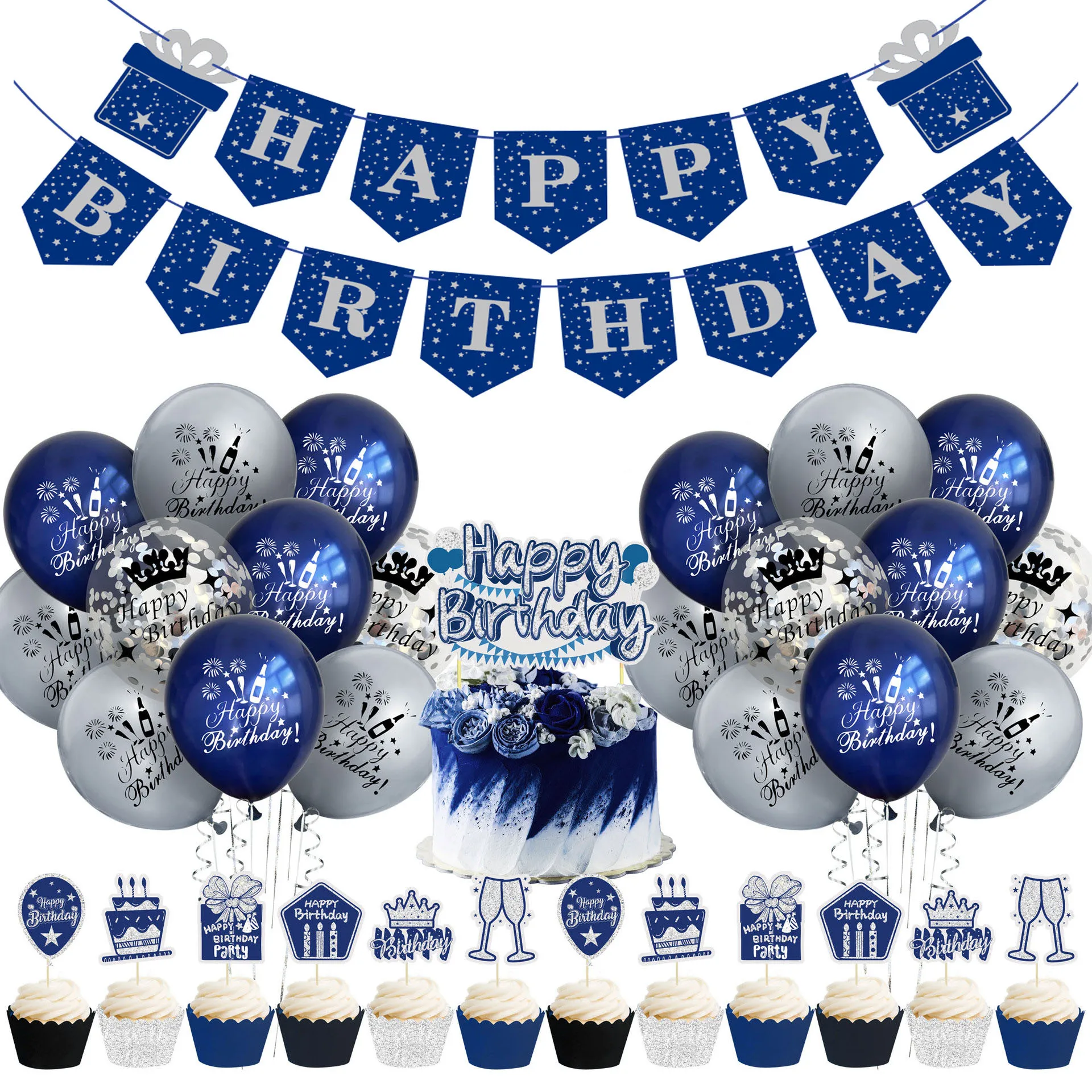 

Night Blue Happy Birthday Decor Balloon Set Star Pennant Cake Insert Confetti Balloon for 16 18 30 40 Birthday Party Decoration