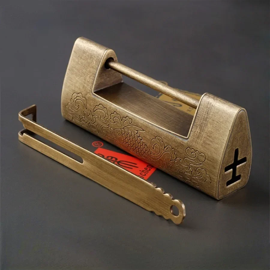 Vintage chinese brass cabinet lock koi pattern ancient lateral open box lock fine copper drawer mailbox push