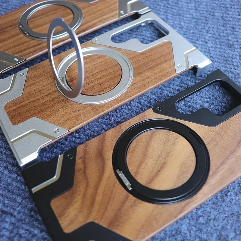 Luxurious Walnut Wood Phone Case with Metal MagSafe Wireless Charging and Ring Holder