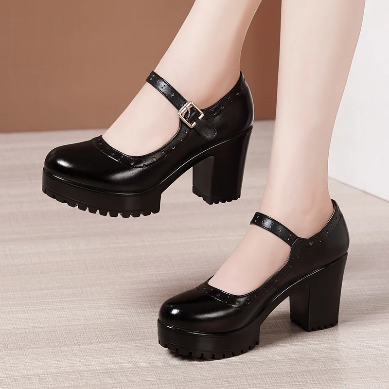 

8cm Small Size 32-43 Vintage Shallow Genuine Leather Shoes Block High Heels Mary Janes 2024 Thick Platform Pumps for Office Mom