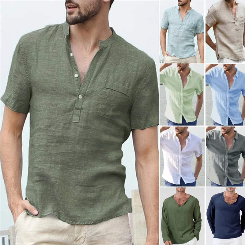 Summer Cotton Linen T Shirt Men Casual Short Sleeve Oversize Male Tops