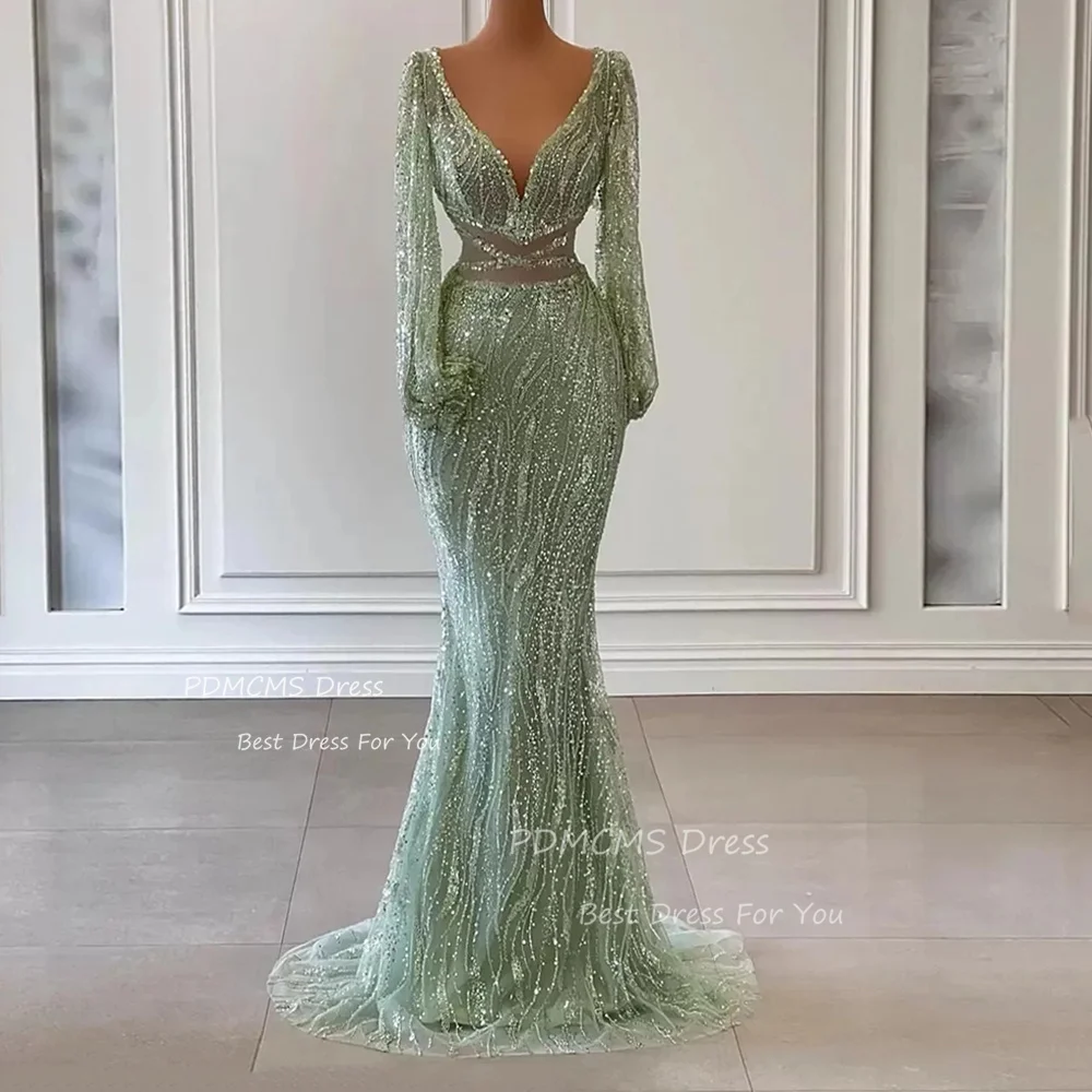 

Luxury Green Sequined Mermaid Evening Dresses V Neck Shiny Long Sleeves Arabic Prom Dress Sexy Special Formal Event Party Gowns