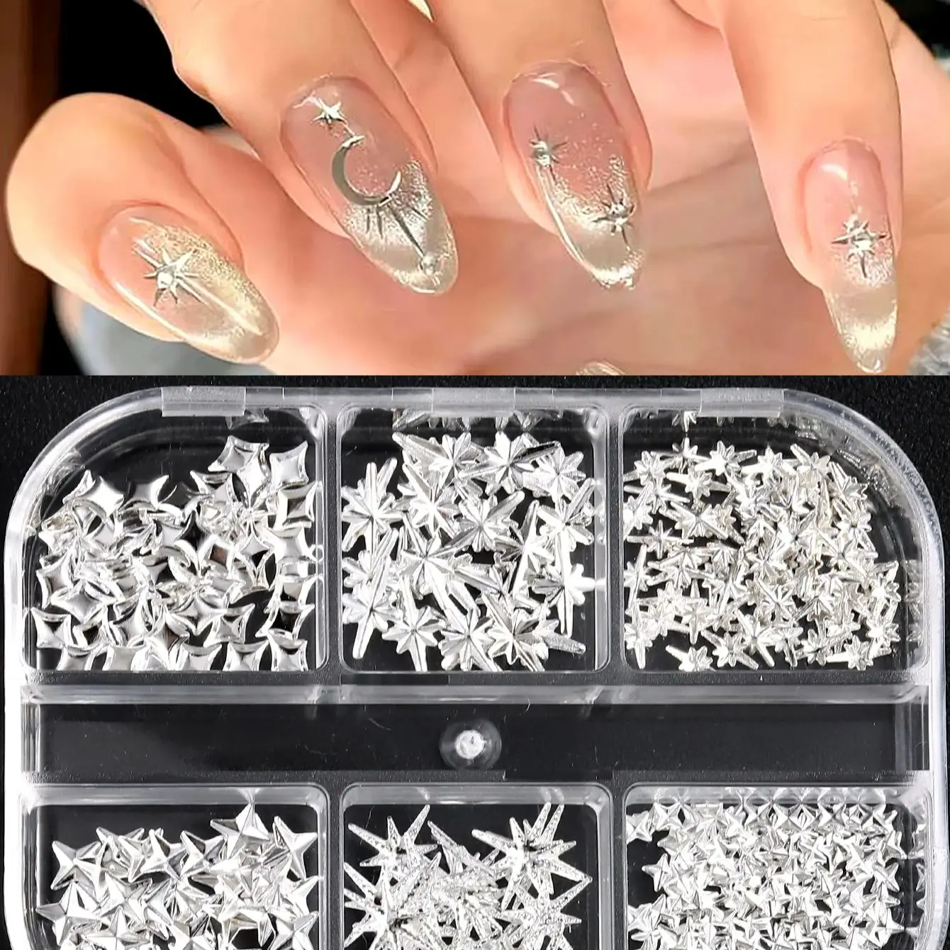 6/12Grids Gold Star Moon Metallic Rivet 3D Nail Charms Alloy Sun Moon Starlight Rhinestones Nail Studs For Nail Art Decoration 3