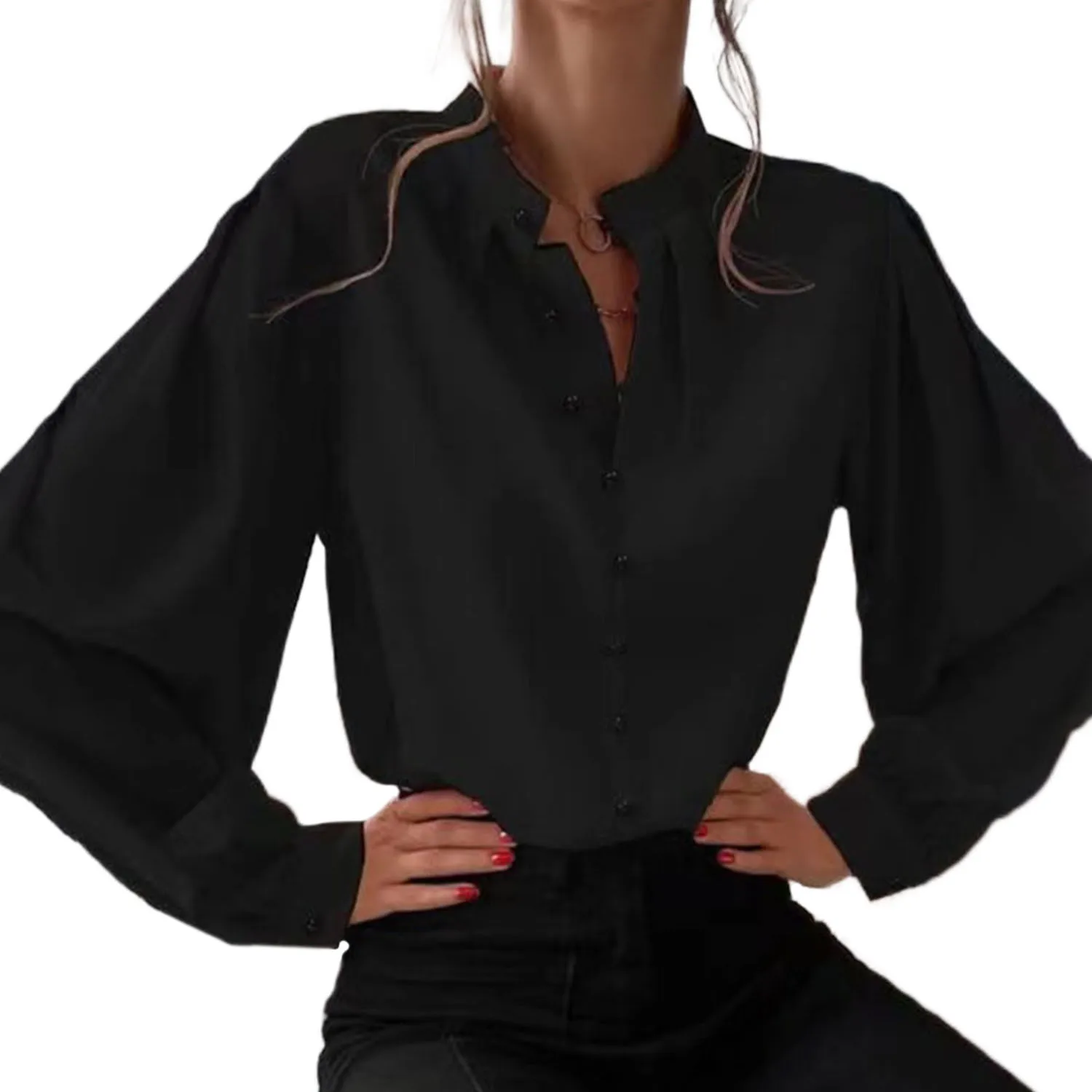 Women Elegant Lantern Sleeves Blouse Long Sleeve Plain Formal Tops Button Down Casual Work Office Shirts