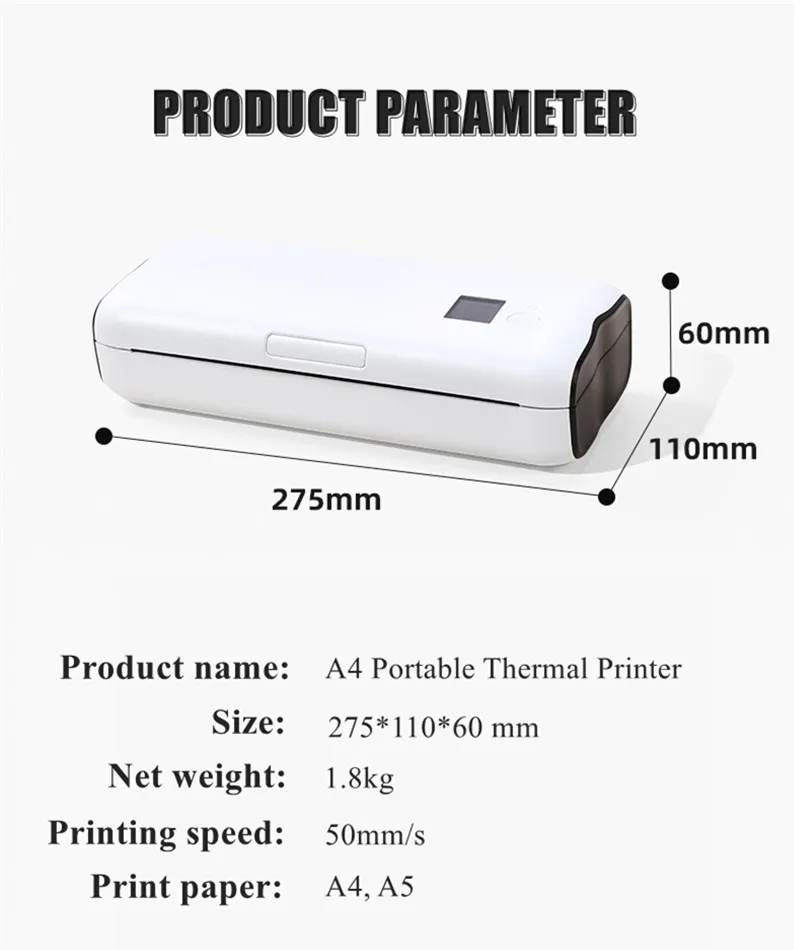 bluetooth mini portable thermal printer ZJ-A4BT mobile office home student homework wireless Bluetooth portable A4 thermal printer with built-in lithium battery canon small photo printer